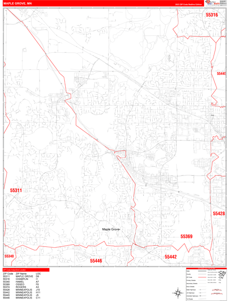 Maple Grove City Wall Map Red Line Style
